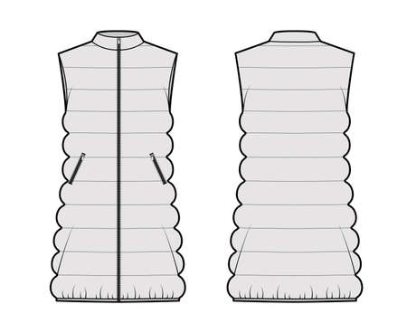 Down vest puffer waistcoat technical fashion illustration with sleeveless, stand collar, zip-up closure, thigh length. Flat template front, back, grey color style. Women, men, unisex top CAD mockupのイラスト素材