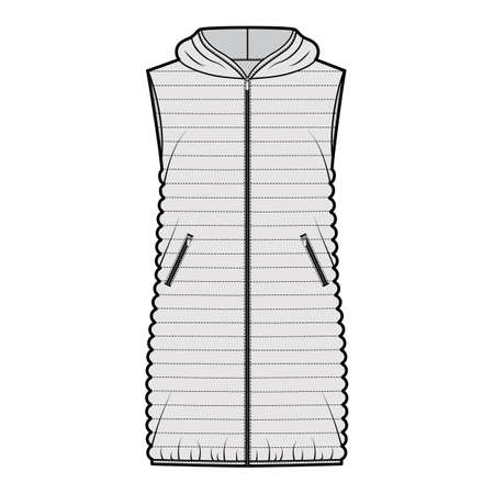 Down vest puffer waistcoat technical fashion illustration with sleeveless, pockets, loose fit, thigh length, narrow quilting. Flat template front, grey color style. Women, men, unisex top CAD mockupのイラスト素材