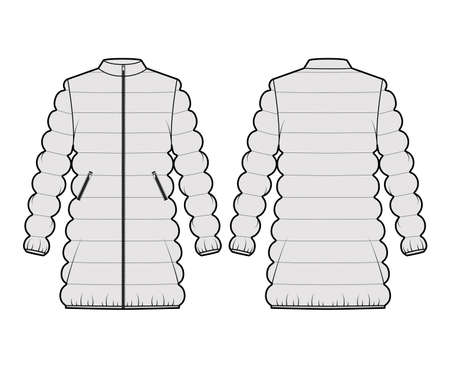 Down puffer coat jacket technical fashion illustration with long sleeves, pockets, oversized, thigh length, classic quilting. Flat template front, back, grey color. Women, men, unisex top CAD mockupのイラスト素材