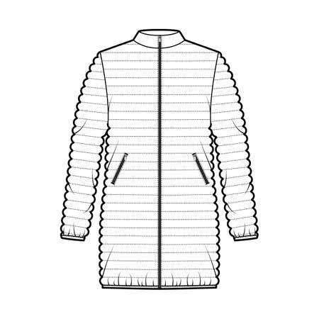 Down puffer coat jacket technical fashion illustration with long sleeves, stand collar, pockets, hip length, narrow quilting. Flat template front, white color style. Women, men, unisex top CAD mockupのイラスト素材