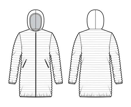 Down puffer coat jacket technical fashion illustration with long sleeves, hoody collar, pockets, oversized, hip length. Flat template front, back, white color style. Women, men, unisex top CAD mockupのイラスト素材