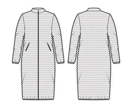 Down puffer coat jacket technical fashion illustration with stand collar, zip-up closure, pockets, oversized, knee length, narrow quilting. Flat template front, back, grey color style. Women, men, CADのイラスト素材