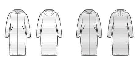 Hooded jacket Down puffer coat technical fashion illustration with long sleeves, pockets, oversized, narrow quilting. Flat template front, back, white, grey color style. Women, unisex top CAD mockupのイラスト素材