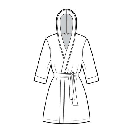 Bathrobe hooded Dressing gown technical fashion illustration with wrap opening, mini length, oversized, tie, elbow sleeves. Flat garment front white color style. Women men unisex CAD mockupのイラスト素材