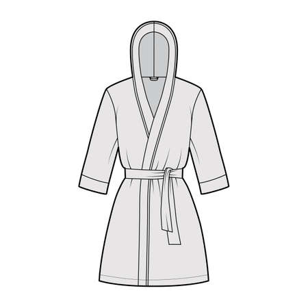 Bathrobe hooded Dressing gown technical fashion illustration with wrap opening, mini length, oversized, tie, elbow sleeves. Flat apparel garment front, grey color style. Women men unisex CAD mockupのイラスト素材