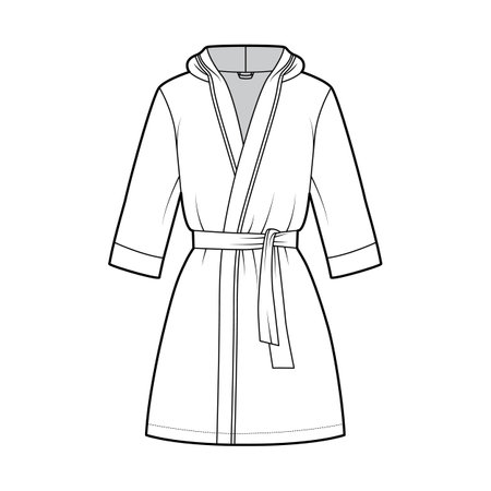 Bathrobe hooded Dressing gown technical fashion illustration with wrap opening, mini length, oversized, tie, elbow sleeves. Flat apparel front white, color style. Women men unisex CAD mockupのイラスト素材