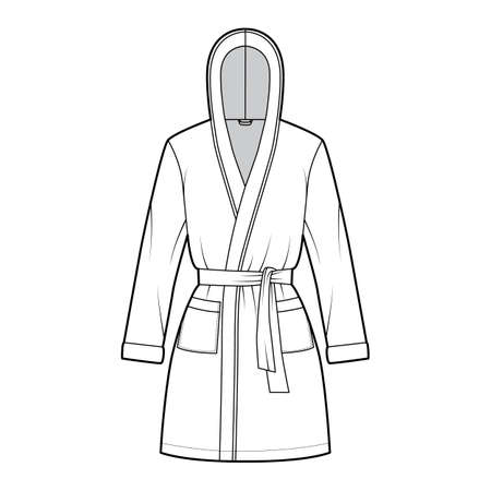 Hooded Bathrobe Dressing gown technical fashion illustration with wrap opening, mini length, oversized, tie, pocket, long sleeves. Flat garment front, white color style. Women, men, unisex CAD mockupのイラスト素材