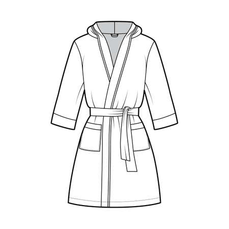 Bathrobe hooded Dressing gown technical fashion illustration with wrap opening, mini length, oversized, tie, pocket, elbow sleeves. Flat garment front white color style. Women men unisex CAD mockupのイラスト素材