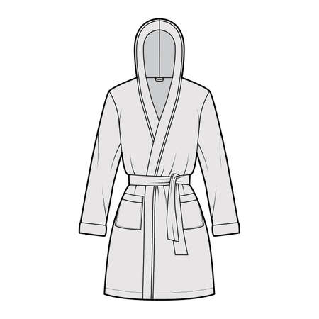 Hooded Bathrobe Dressing gown technical fashion illustration with wrap opening, mini length, oversized, tie, pocket, long sleeves. Flat garment front, grey color style. Women, men, unisex CAD mockupのイラスト素材