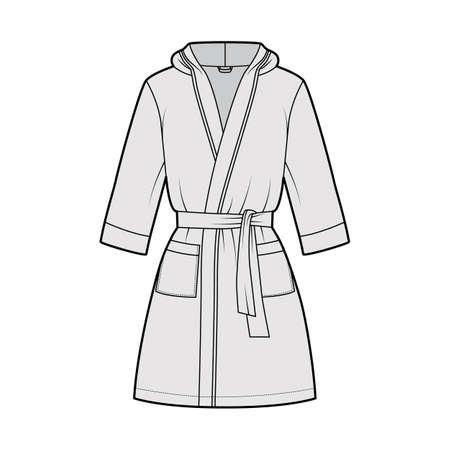 Bathrobe hooded Dressing gown technical fashion illustration with wrap opening, mini length, oversized, tie, pocket, elbow sleeves. Flat garment front, grey color style. Women men unisex CAD mockupのイラスト素材