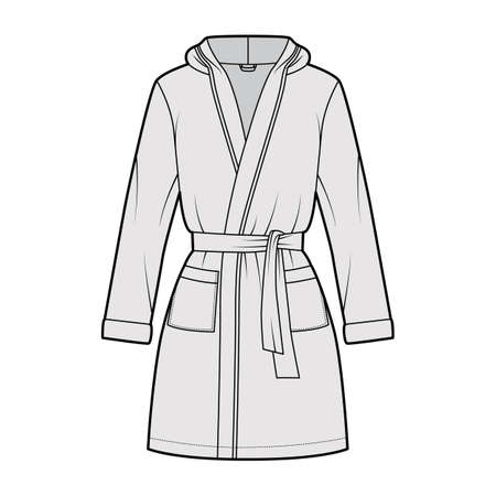 Hooded Bathrobe Dressing gown technical fashion illustration with wrap opening, mini length, oversized, tie, pocket, long sleeves. Flat garment front, grey color style. Women, men, unisex CAD mockupのイラスト素材