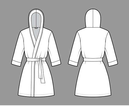 Bathrobe hooded Dressing gown technical fashion illustration with wrap opening, mini length, oversized, tie, elbow sleeves. Flat front, back white, grey color style. Women men unisex CAD mockupのイラスト素材