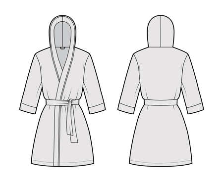 Bathrobe hooded Dressing gown technical fashion illustration with wrap opening, mini length, oversized, tie, elbow sleeves. Flat garment front, back, grey color style. Women men unisex CAD mockupのイラスト素材
