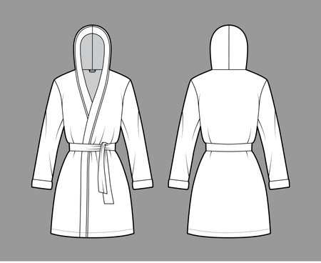 Hooded Bathrobe Dressing gown technical fashion illustration with wrap opening, mini length, oversized, tie, long sleeves. Flat garment front, back, white color style. Women, men, unisex CAD mockupのイラスト素材