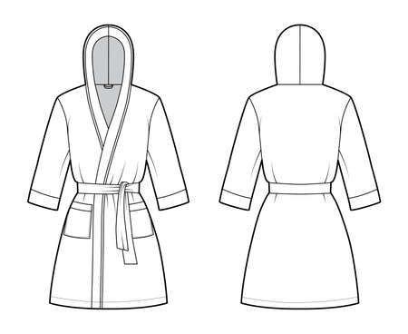 Bathrobe hooded Dressing gown technical fashion illustration with wrap opening, mini length, oversized, tie, pocket, elbow sleeves. Flat front, back white color style. Women men unisex CAD mockupのイラスト素材