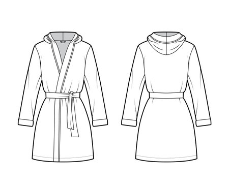 Hooded Bathrobe Dressing gown technical fashion illustration with wrap opening, mini length, oversized, tie, long sleeves. Flat garment front, back, white color style. Women, men, unisex CAD mockupのイラスト素材