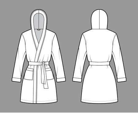 Hooded Bathrobe Dressing gown technical fashion illustration with wrap opening, mini length, oversized, tie, pocket, long sleeves. Flat garment front, back, white color. Women, men, unisex CAD mockupのイラスト素材