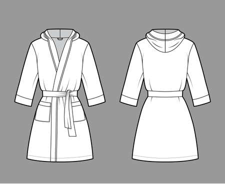 Bathrobe hooded Dressing gown technical fashion illustration with wrap opening, mini length, oversized, tie, pocket, elbow sleeves. Flat front, back white color style. Women men unisex CAD mockupのイラスト素材