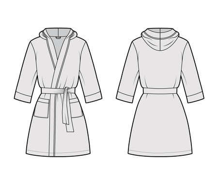 Bathrobe hooded Dressing gown technical fashion illustration with wrap opening, mini length, oversized, tie, pocket, elbow sleeves. Flat front, back, grey color style. Women men unisex CAD mockupのイラスト素材