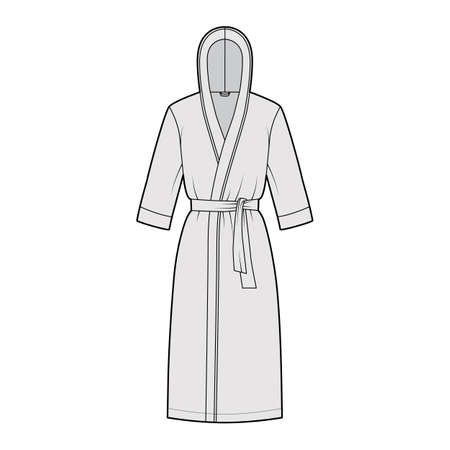 Bathrobes hooded Dressing gown technical fashion illustration with wrap opening, knee length, oversized, tie, elbow sleeves. Flat garment apparel front, grey color. Women, men, unisex CAD mockupのイラスト素材