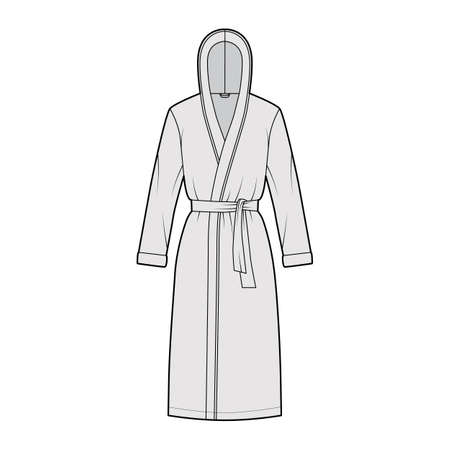 Bathrobes hooded Dressing gown technical fashion illustration with wrap opening, knee length, oversized, tie, long sleeves. Flat garment apparel front, grey color style. Women, men, unisex CAD mockupのイラスト素材
