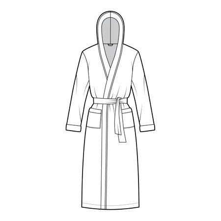 Bathrobes hooded Dressing gown technical fashion illustration with wrap opening, knee length, oversized, tie, pocket, long sleeves. Flat garment apparel front, white color. Women, unisex CAD mockupのイラスト素材