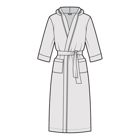 Bathrobes hooded Dressing gown technical fashion illustration with wrap opening, knee length, oversized, tie, pocket, elbow sleeves. Flat garment apparel front, grey color. Women, unisex CAD mockupのイラスト素材
