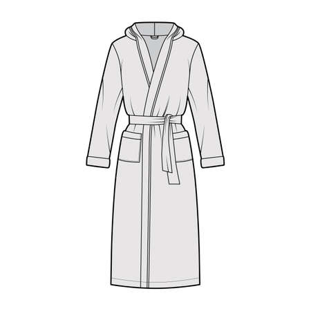 Bathrobes hooded Dressing gown technical fashion illustration with wrap opening, knee length, oversized, tie, pocket, long sleeves. Flat apparel front, back grey color. Women, men, unisex CAD mockupのイラスト素材