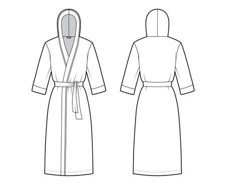 Bathrobes hooded Dressing gown technical fashion illustration with wrap opening, knee length, oversized, tie, elbow sleeves. Flat garment apparel front, back, white color. Women men, unisex CAD mockupのイラスト素材