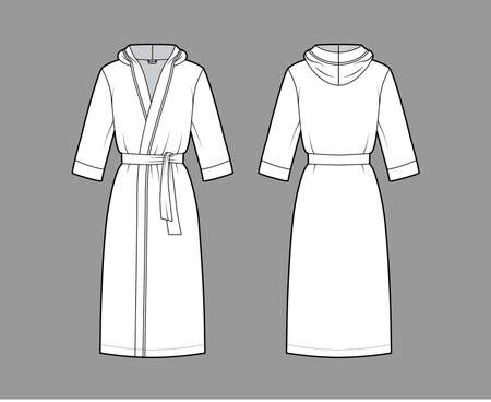 Bathrobes hooded Dressing gown technical fashion illustration with wrap opening, knee length, oversized, tie, elbow sleeves. Flat garment apparel front, back, white color. Women, men unisex CAD mockupのイラスト素材