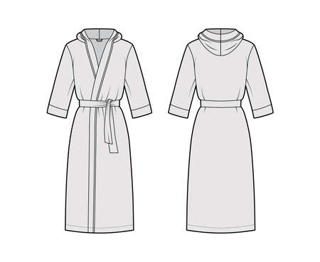 Bathrobes hooded Dressing gown technical fashion illustration with wrap opening, knee length, oversized, tie, elbow sleeves. Flat garment apparel front, back, grey color. Women, men, unisex CAD mockupのイラスト素材