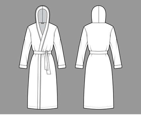 Bathrobes hooded Dressing gown technical fashion illustration with wrap opening, knee length, oversized, tie, long sleeves. Flat garment apparel front, back, white color. Women, men, unisex CAD mockupのイラスト素材