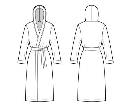 Bathrobes hooded Dressing gown technical fashion illustration with wrap opening, knee length, oversized, tie, long sleeves. Flat garment apparel front, back, white color. Women, men, unisex CAD mockupのイラスト素材