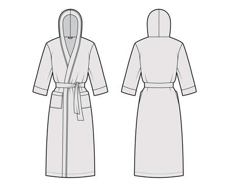 Bathrobes hooded Dressing gown technical fashion illustration with wrap opening, knee length, oversized, tie, pocket, elbow sleeves. Flat garment apparel front, back grey color. Women, men, unisex CADのイラスト素材
