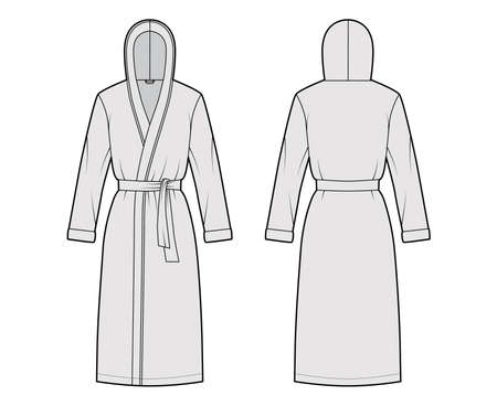 Bathrobes hooded Dressing gown technical fashion illustration with wrap opening, knee length, oversized, tie, long sleeves. Flat garment apparel front, back, grey color. Women, men, unisex CAD mockupのイラスト素材