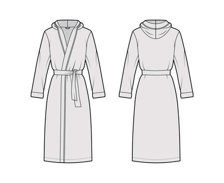 Bathrobes hooded Dressing gown technical fashion illustration with wrap opening, knee length, oversized, tie, long sleeves. Flat garment apparel front, back, grey color. Women, men, unisex CAD mockupのイラスト素材