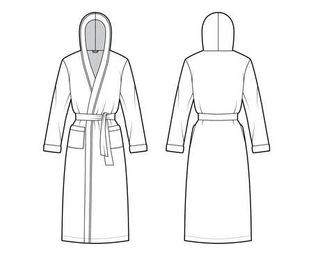 Bathrobes hooded Dressing gown technical fashion illustration with wrap opening, knee length, tie, pocket, long sleeves. Flat garment apparel front, back, white color. Women, men, unisex CAD mockupのイラスト素材