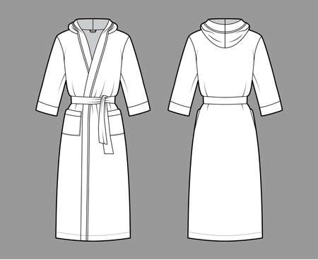 Bathrobes hooded Dressing gown technical fashion illustration with wrap opening, knee length, tie, pocket, elbow sleeves. Flat garment apparel front, back, white color. Women, men, unisex CAD mockupのイラスト素材