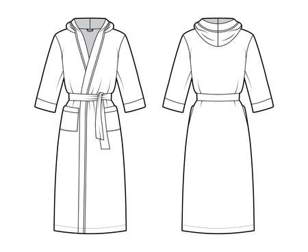 Bathrobes hooded Dressing gown technical fashion illustration with wrap opening, knee length, oversized, tie, pocket, elbow sleeves. Flat apparel front, back, white color. Women, men unisex CAD mockupのイラスト素材
