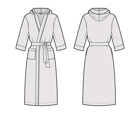 Bathrobes hooded Dressing gown technical fashion illustration with wrap opening, knee length, tie, pocket, elbow sleeves. Flat garment apparel front, back grey color. Women, men, unisex CAD mockupのイラスト素材