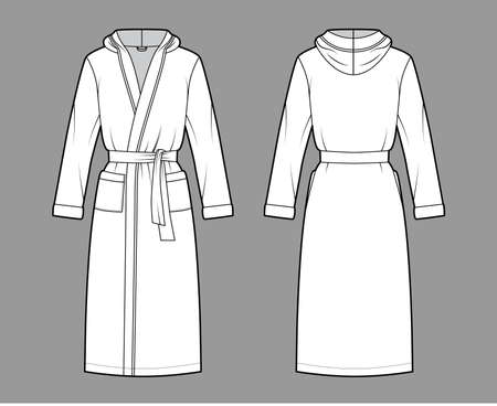 Bathrobes hooded Dressing gown technical fashion illustration with wrap opening, knee length, oversized, tie, pocket, long sleeves. Flat apparel front, back, white color. Women, men, unisex CAD mockupのイラスト素材