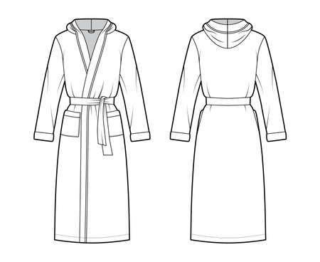 Bathrobes hooded Dressing gown technical fashion illustration with wrap opening, knee length, tie, pocket, long sleeves. Flat garment apparel front, back, white color. Women, men, unisex CAD mockupのイラスト素材