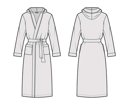 Bathrobes hooded Dressing gown technical fashion illustration with wrap opening, knee length, oversized, tie, pocket, long sleeves. Flat garment apparel front, back grey color. Women, men, unisex CADのイラスト素材