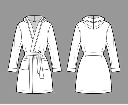 Hooded Bathrobe Dressing gown technical fashion illustration with wrap opening, mini length, oversized, tie, pocket, long sleeves. Flat garment front, back, white color. Women, men, unisex CAD mockupのイラスト素材