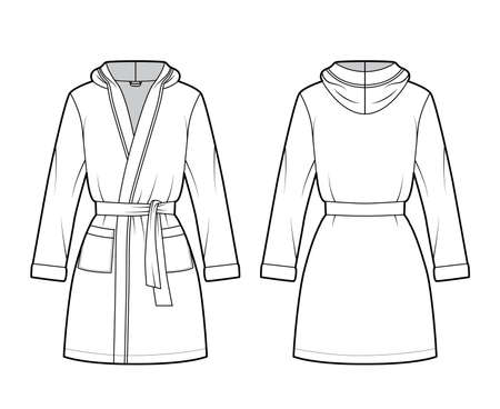 Hooded Bathrobe Dressing gown technical fashion illustration with wrap opening, mini length, oversized, tie, pocket, long sleeves. Flat garment front, back, white color style. Women, men, CAD mockupのイラスト素材