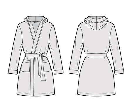 Hooded Bathrobe Dressing gown technical fashion illustration with wrap opening, mini length, oversized, tie, pocket, long sleeves. Flat garment front, back, grey color style. Women, men, unisex mockupのイラスト素材