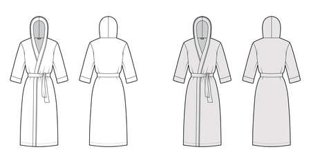 Bathrobes hooded Dressing gown technical fashion illustration with wrap opening, knee length, tie, elbow sleeves. Flat garment apparel front, back, white grey color. Women, men, unisex CAD mockupのイラスト素材