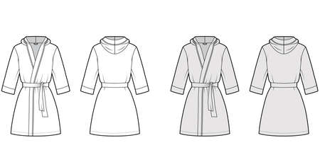 Bathrobe hooded Dressing gown technical fashion illustration with wrap opening, mini length, oversized, tie, elbow sleeves. Flat apparel front, back white grey color style. Women men unisex CAD mockupのイラスト素材