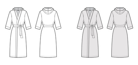 Bathrobes hooded Dressing gown technical fashion illustration with wrap opening, knee length, oversized, tie, elbow sleeves. Flat garment apparel front, back, white grey color. Women, men, CAD mockupのイラスト素材