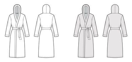 Bathrobes hooded Dressing gown technical fashion illustration with wrap opening, knee length, tie, long sleeves. Flat garment apparel front, back, white grey color style. Women, men, unisex CAD mockupのイラスト素材